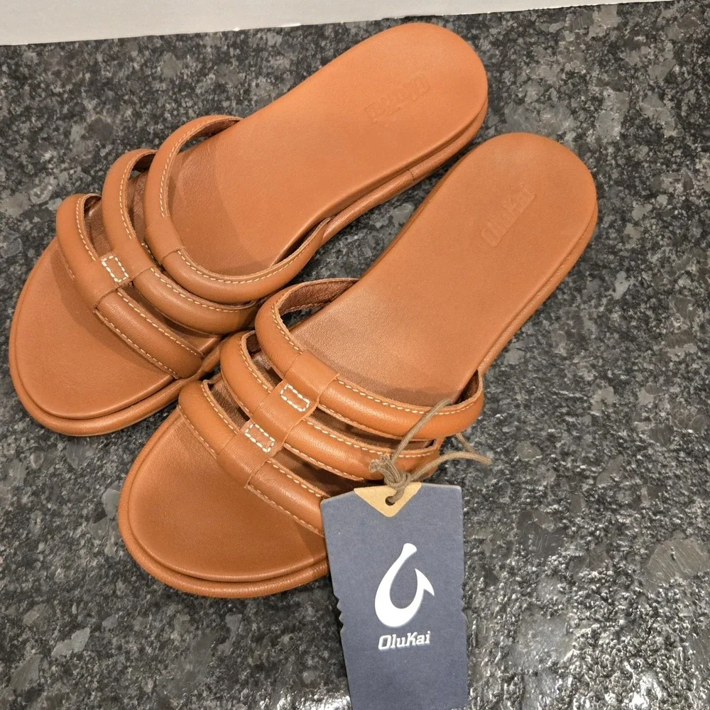 OluKai Sandals Women's Leather Slides Padded Straps Casual Comfort Tan Shoes US9 - Picture 5 of 7